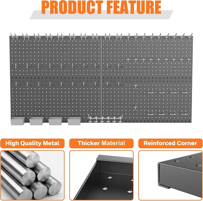 TORACK Garage Tools Organizer Boards Kit with Hooks, Modular Wall-Mounted Tool Storage Pegboard for Workbench(Black, 4 Panels with Hooks)