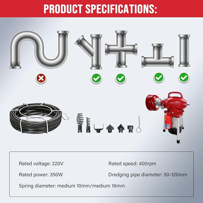 Drain Cleaner Machine 40FT, 350W 2 Cables, Electric Drain Auger for 3/4" to 4" Pipes, Electric Drain Auger with 6 Cutters for Toilet, Sewer, Bathroom, Sink and Shower