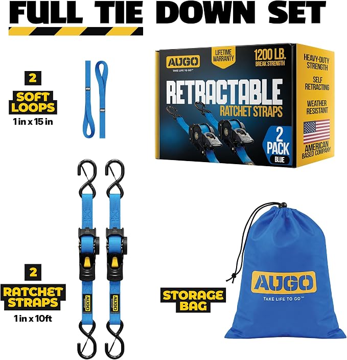 AUGO Retractable Ratchet Straps | 2 Heavy Duty Ratchet Straps Self Retractable Tie Downs with Soft Loops & Storage Bag for Motorcycle, Truck, Trailer, Cargo Van | 1200 Lb Break Strength 1” x 10’