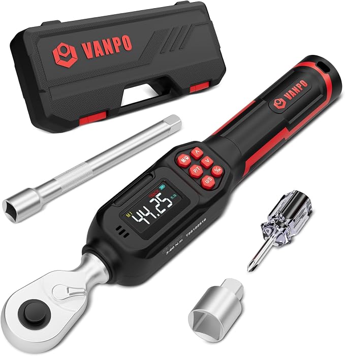 VANPO Digital Torque Wrench 3/8-Inch Drive, 2.21–44.25 ft-lb for Motorcycle | 3–60 Nm, ±2% Accuracy, Electronic Torque Wrench with LCD Display,Audible & Color Feedback, for Bike, Car & Mechanical Repair
