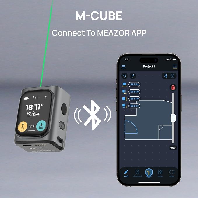 HOZO M-Cube Green-Beam Laser Measuring Tool, 164ft/50m, ±1/16 inch Accuracy, Small Size, High-Visibility Real Green Beam for Outdoor, Area/Volume/Pythagorean, LCD Display, Bluetooth App, Rechargeable