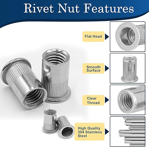 5/16''-18 UNC Rivet Nut, 50Pcs 304 Stainless Steel Flat Head Rivnut Threaded Insert Nutsert