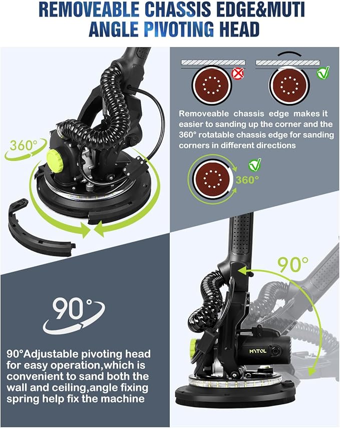 MYTOL Drywall Sander, 7.2A Electric Drywall Sander with Vacuum Dust Collection, LED Light, 6 Variable Speed Digital Display 900-1800RPM, Foldable & Extendable Handle