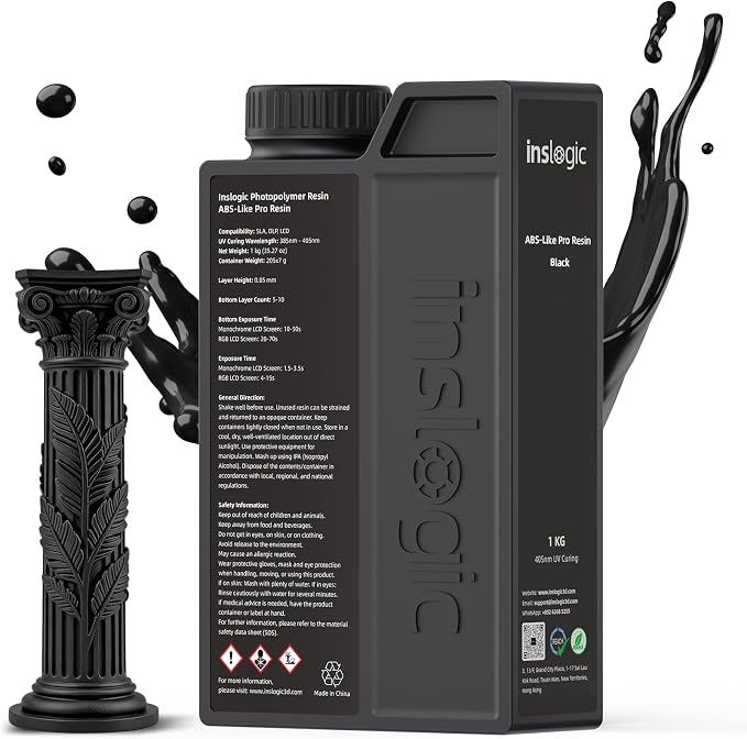 Inslogic ABS-Like Pro Resin 1kg, High Toughness 3D Printer Resin/UV Resin, Fast Curing & Low Odor, Ultra-High Precision Matte Finish for Miniatures, Prototyping & Functional Parts(Black)