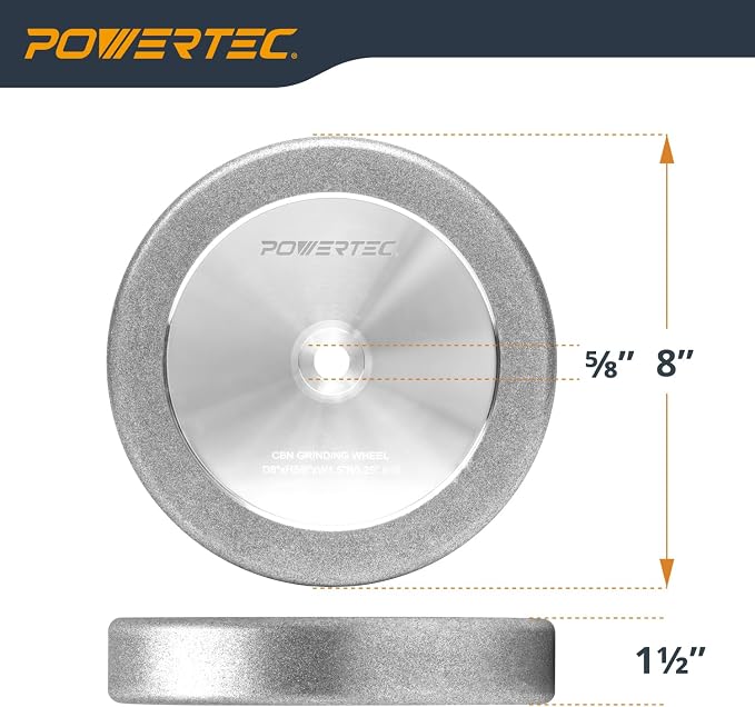 POWERTEC CBN Grinding Wheel 8 Inch 80 Grit, 1-1/2" Wide, 5/8" Arbor – 4-in-1 CBN Sharpening Wheel with 1/4" Radius Edge and Side Face for Bench Grinder (15707)