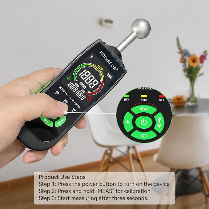 Pinless Digital Moisture Meter with Ball Sensor for Walls Wood Drywall | Digital Moisture Detector, For Basement, Narrow Corner, Concrete, Non-Destructive Scanner, LED Flashlight, Custom Alerts