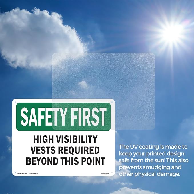 High Visibility Vests Required Beyond This Point OSHA SAFETY FIRST Rigid Plastic Sign 14 Inch x 10 Inch - 5 Pack