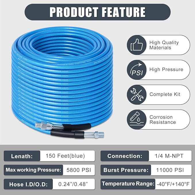 150 FT Sewer Jetter Kit for Pressure Washer, 5800PSI Water Jet Drain Cleaner Hose, 1/4 Inch NPT Corner with 4 Sewer Jetting Nozzles, Pearl Corsage Pin, Waterproof Tape, Handle Strap&2 Spanner (Blue)
