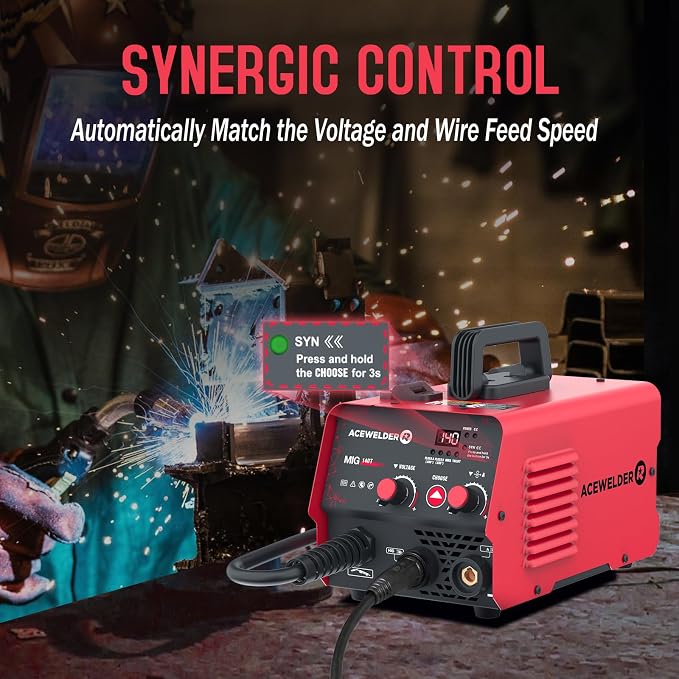 ACEWELDER 140A Gasless Flux Core MIG Welder/Lift TIG/Stick 3 in 1 Welding Machine 110V Portable IGBT Inverter Synergy Welder Machine with Helmet (red)