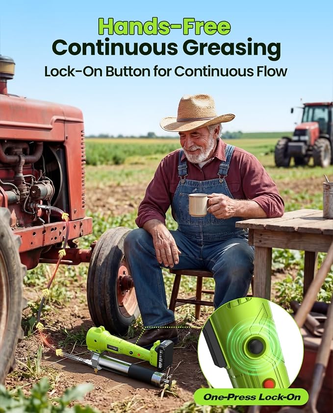 TaskStar Grease Gun with Lock-On Trigger for Effortless Greasing, Cordless Electric Grease Gun Kit, 2 Batteries, 40" Hose & LED Light, 14 oz Capacity for Tractor, Truck & Equipment Maintenance