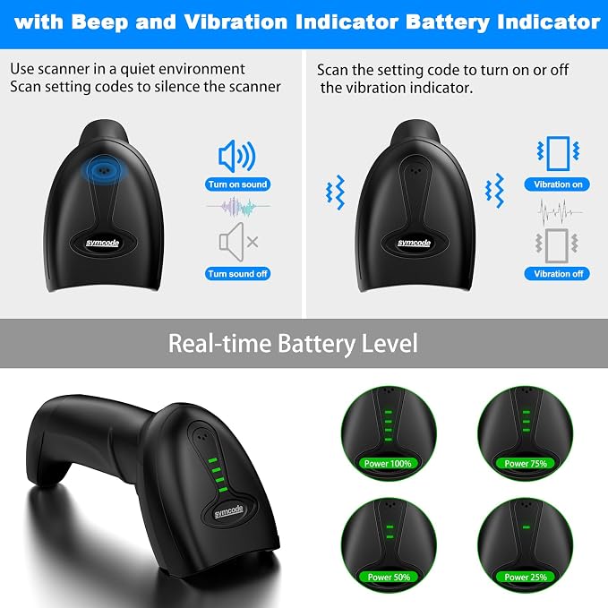 Symcode 2D Wireless Barcode Scanner with Auto-Sensing Stand,Putting on Stand to Scan Automatically Sense Scanning Barcode Scanner with Battery Level Indicator and Multiple Scanner to One Receiver