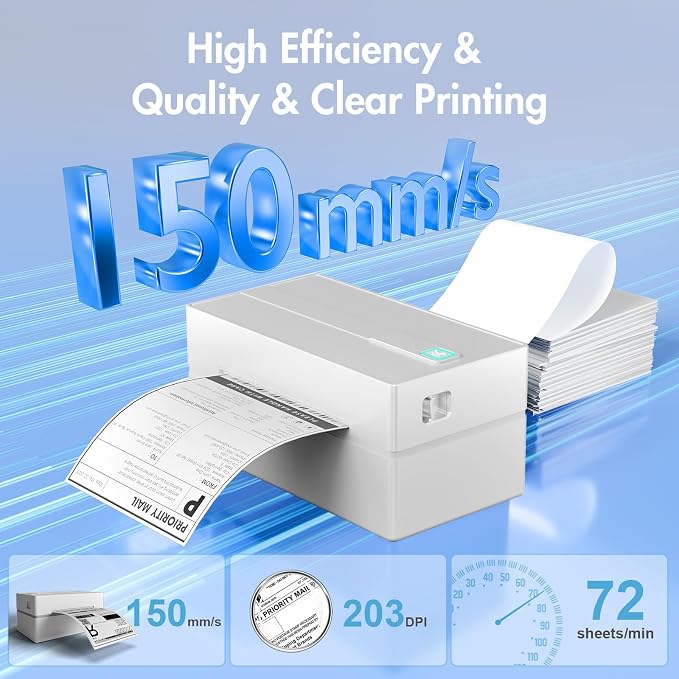 Bluetooth Thermal Shipping Label Printer: 4x6 Wireless Label Maker with Tape for Small Business - Compatible with iPhone, Android, Windows & Mac, Widely Used for USPS UPS Amazon Shopify, White
