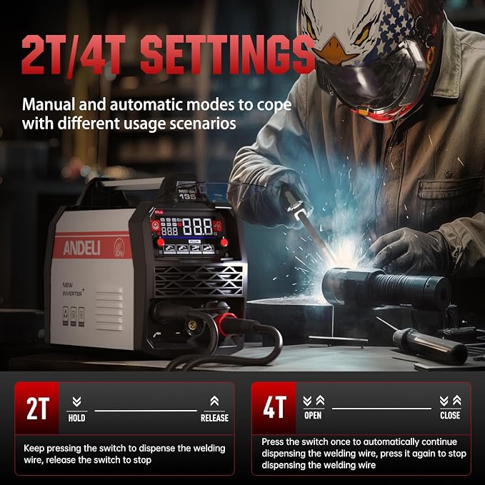 ANDELI 110V/220V MIG Welder 135A, PULSE Flux Core MIG/Lift Tig/Stick 3-in-1 Gasless MIG Welding Machine with Synergy，Large LED Display,2T/4T Full Kit (Bonus Welding Helmet & Gloves)