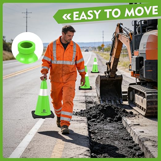 RoadHero 4 Pack Traffic Safety Cones 18 Inch with Black Weighted Base, Plastic PVC Lime Green Traffic Cone with Reflective Collar for Parking Lot, Construction Events, Road Safety