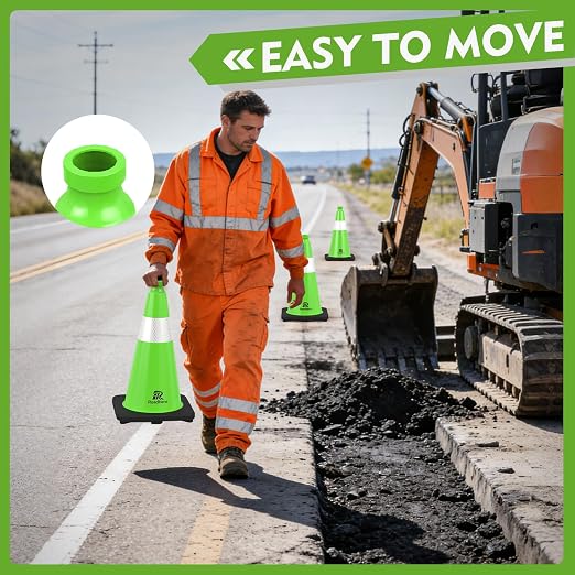 RoadHero 8 Pack Traffic Safety Cones 18 Inch with Black Weighted Base, Plastic PVC Lime Green Cone with Reflective Collar, Cones for Parking Lot, Construction Events, Road Safety