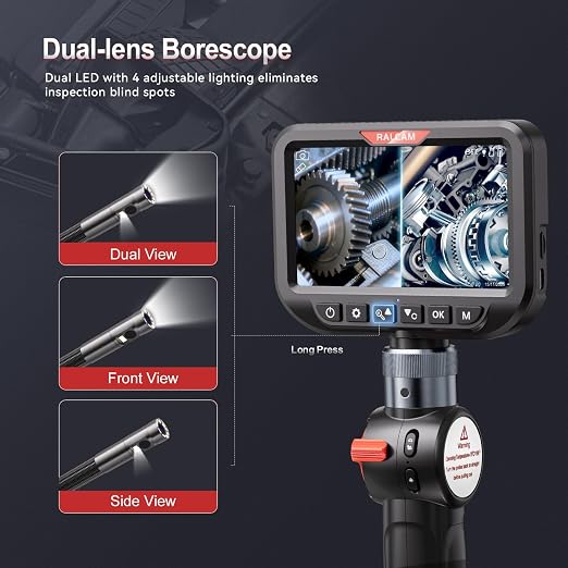 RALCAM Dual Lens Articulating Borescope, 10FT Semi-Rigid Inspection Camera with 5" HD Screen, 8.5mm Slim Waterproof Probe, Two-Way Endoscope Camera with Light for Automotive, HVAC, Pipes
