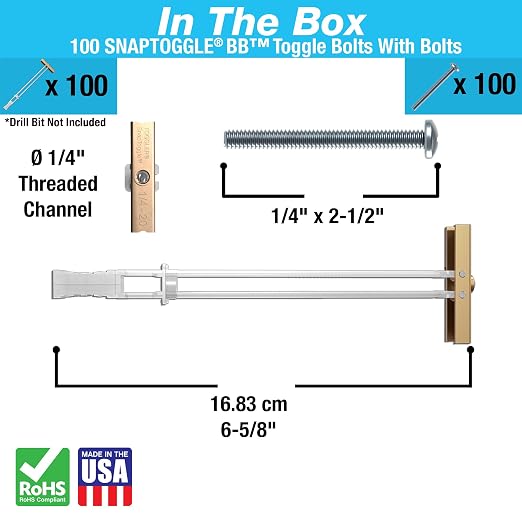 TOGGLER SNAPTOGGLE Drywall Anchor with included bolts for 0.25"x2.5" (100 Pieces)