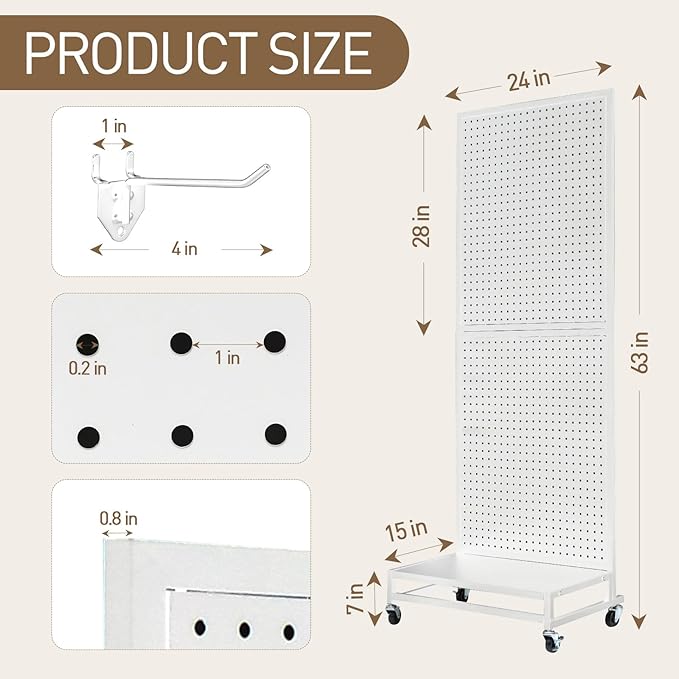 Eastern Tree Metal Pegboard Display Stand 2'x 5'with Base Plate, Pegboard Panels Display with Wheels, Peg Board Display Rack, Standing Pegboard Display with 30 Hooks - White