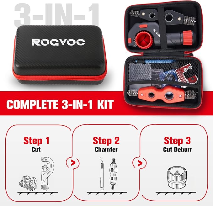 Copper Pipe Cutter Kit, 1/8-1-1/8 in Mini Tube Cutter, 5-50 mm Bearing Pipe Cutter, Deburring and Chamfer Tools, Pipe Cleaning Brushes and EVA Case for HVAC and Plumbing