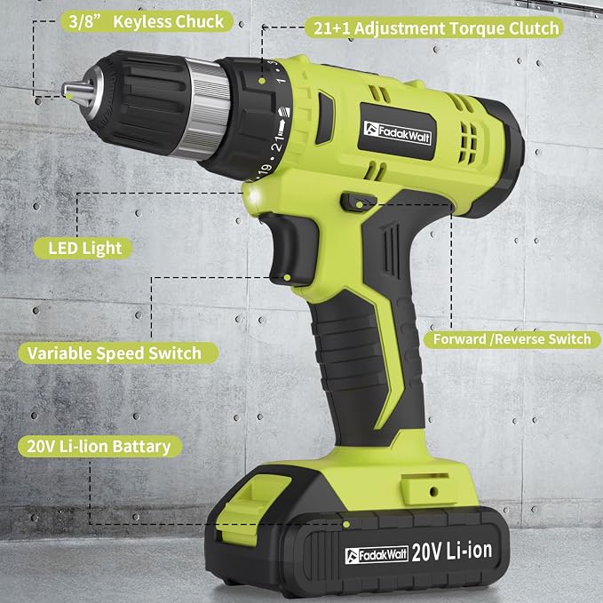 FADAKWALT Cordless Drill Set, 20V Electric Power Drill with Battery And Charger, Torque 30N, 21+1 Torque Setting, 3/8-Inch Keyless Chuck, LED Work Light, Complete Drill & Driver Bits Kit（green)