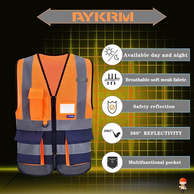 A-SAFETY Hi-Vis Mesh Vest, Reflective Strips, Front Zipper, Orange/Navy, M | Orange/Navy M mesh safety vest with transparent ID pocket, radio mic loop and reflective strips for warehouse logistics.