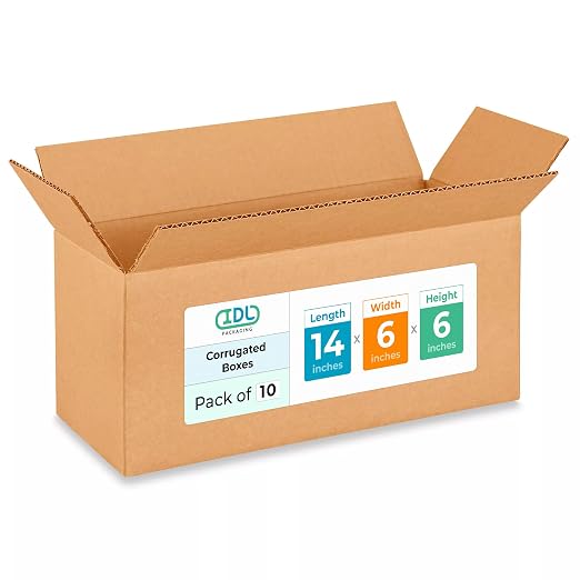 Medium Moving & Shipping Boxes 14x6x6 inches (10-Pack) - Extra Strength 200 lb vs Regular - USA-Made Corrugated Boxes for Packaging - Durable Cardboard Box for Shipping - Packing Box by IDL Packaging