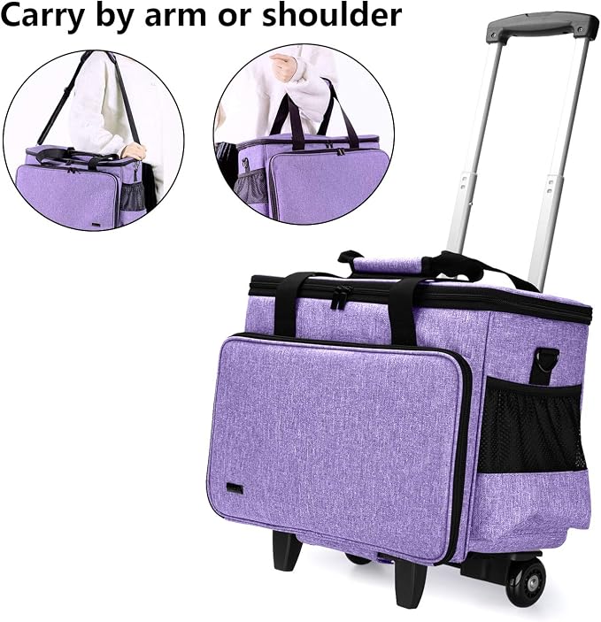 Yarwo Upgraded Rolling Sewing Machine Carrying Case, Detachable Trolley Tote Bag with Removable Bottom Board and Thickened Trailer Leg for Most Standard Sewing Machine and Accessories, Purple