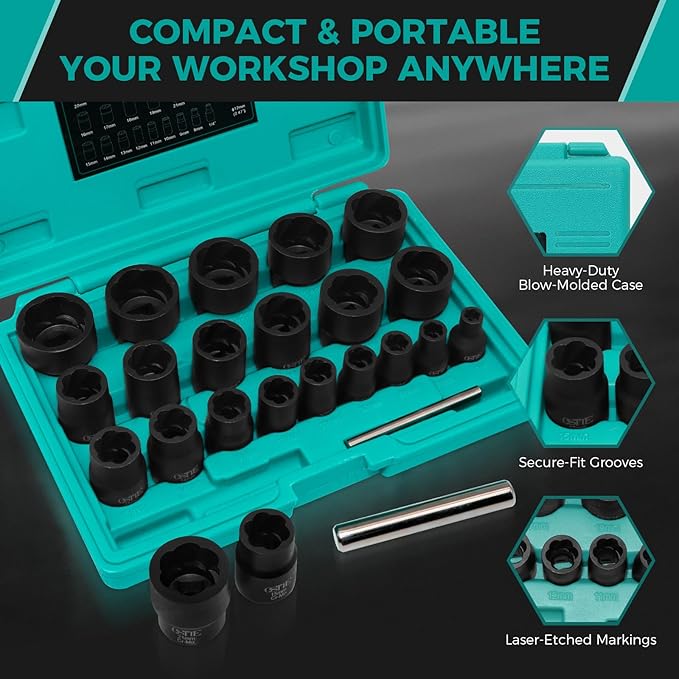 22Pcs Bolt Nut Extractor Set Metric 8-27mm, 1/2" & 3/8" Drive Impact Cr-Mo Steel Lug Nut Remover Socket, Wheel Lock Removal Kit for Damaged, Stripped, Frozen, Nuts & Screws
