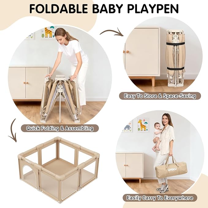 Baby Playpen Foldable Playpen for Babies and Toddlers, Large Playpens Portable Play Pen Play Yard for Kid Fence Indoor Outdoor Travel 4 Handlers 50 Balls Baby Newborn Infant Gifts 50"X50" Khaki