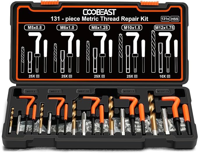 coobeast 131PCS Thread Repair Kit, Metric Helicoil Repair Kit with HSS Drill Bits, 304 Stainless Steel Thread Insert & Rethreading Tool Set in M5 M6 M8 M10 M12 for Automotive Engine Spark Plug Repair