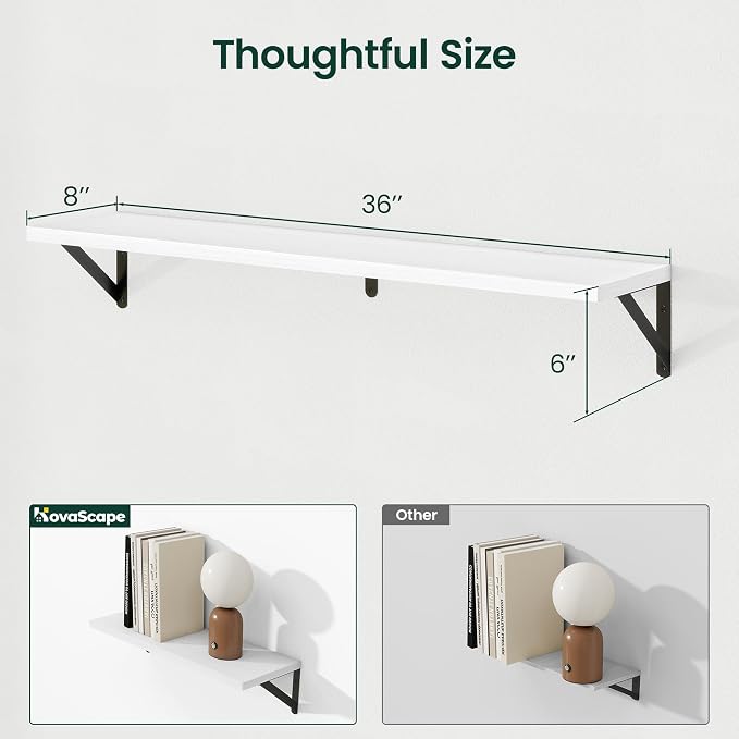 Floating Shelves 8 Inch Deep, 36W x 8D Wall Shelf Set of 2, 60 lbs Heavy Duty Reversible Metal Brackets, Industrial Book Shelf for Living Room Kitchen Bathroom Bedroom Gallery Wall, White