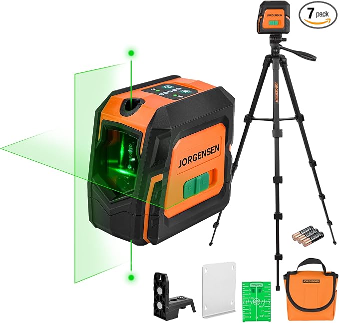 JORGENSEN Laser Level with Tripod & 2 Plumb Dots, 100 FT Self Leveling Point Cross Line Laser Leveler Tool, Wide Angle Green Laser Level for Picture Hanging, Indoor Project, Construction, Carry Bag
