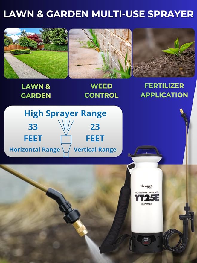 Sprayers Plus YT25E Battery Powered Sprayer 2 Gallon, Rechargeable with 12V Lithium-ion Electric Sprayer,Chemical Resistant Brass Wand Nozzle,Viton Seals for Long Distance Lawn Care