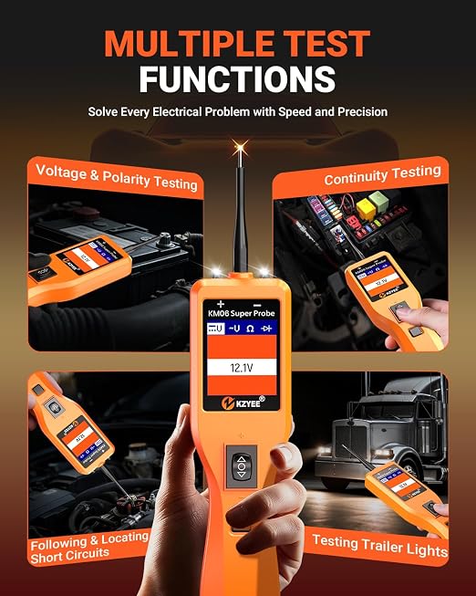 KZYEE KM06 Automotive Power Circuit Probe Tester 8-35V, All-in-One Electrical Diagnostic Tool with Component Activation, Short Circuit Finder, Wire Tracer & Trailer Light Tester for Cars, Trucks & RVs