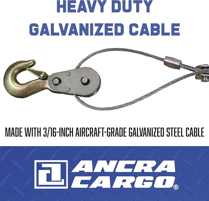 Ancra Cargo Cable Puller, Double Line 2-Ton Standard, 3/16" Aircraft Grade Galvanized Steel Cable with Pulley Block, Drop-Forged Steel Slip Hooks with Included Safety Latch