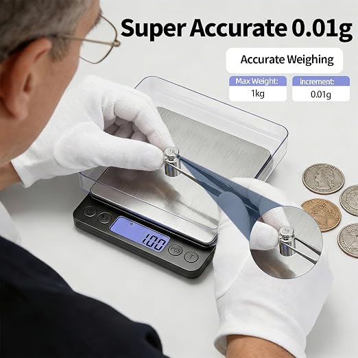 SKEAP Coin Scale to Weigh Coins, 1kg/0.01g High Accuracy Gram Scale for Coin Collectors, Gold and Jewelry, with USB Charging, LCD Display, PCS Counting, Includes Charging Cable and AAA Batteries
