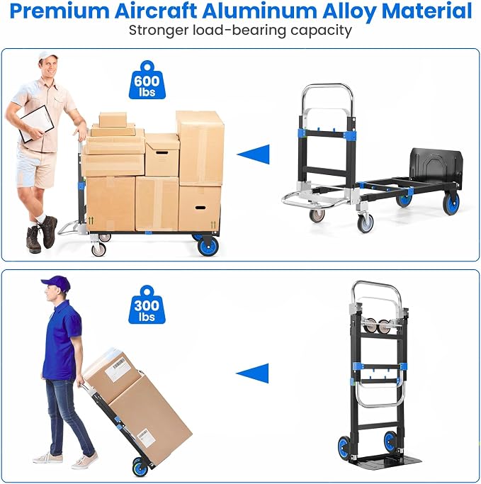 3-in-1 Convertible Heavy Duty Folding Hand Truck Dolly, 600LB Capacity with Rubber& Wheels Telescoping Handles, Portable Collapsible Cart for Warehouse, Supermarket, Office (Blue)
