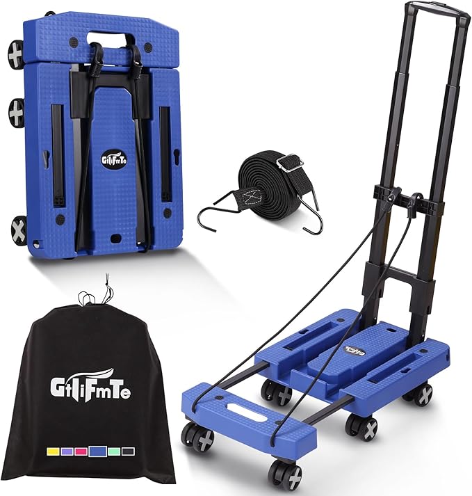 Folding Hand Truck Lightweight Hand Truck Dolly Foldable,Luggage cart with 6 Rotate Wheels, Utility Cart with Adjustable Handle,Collapsible Dolly for Moving (Blue)
