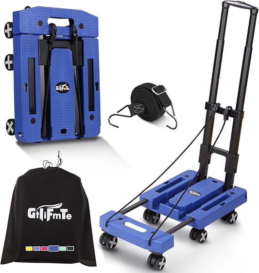 Folding Hand Truck Lightweight Hand Truck Dolly Foldable,Luggage cart with 6 Rotate Wheels, Utility Cart with Adjustable Handle,Collapsible Dolly for Moving (Blue)