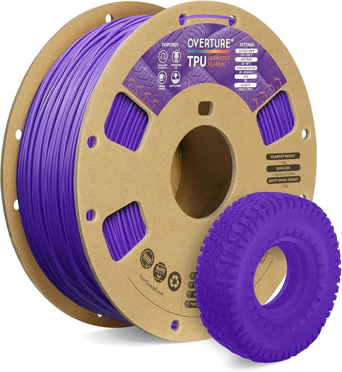 OVERTURE TPU 95A Flexible 3D Printer Filament 1.75mm | High Elasticity & Durability Filament,1kg Spool(2.2lbs),Fit Most FDM Printer(TPU Purple)