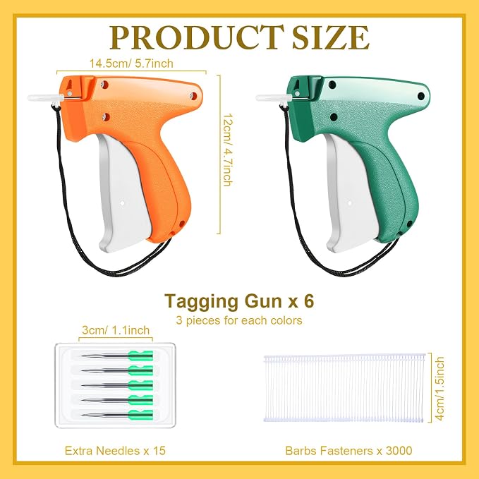 Kigeli 6 Pack Tagging Guns for Clothing with 3000 Barbs 15 Needles Stitch Gun Quick Clothes Fixer Retail Price Tag Attacher Clothing Label Gun for Boutique Store Warehouse Garage(Orange, Green)