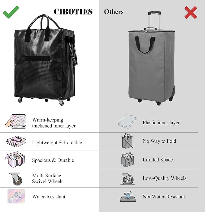 Reusable Grocery Bag on 5 Wheels, Rolling Shopping Bags with Removable Baseboard, Foldable Tote Cart for Groceries, Laundry, Organization, Moving (Black)