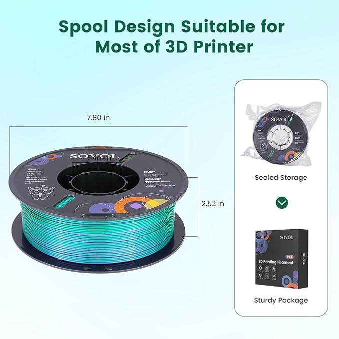 Sovol Silk PLA Filament Tri Color Co-Extrusion 1.75mm, 3D Printer Filament 1kg/ 2.2lbs, Shiny Silk Copper Purple Green 3 in 1 Coextrusion PLA Material +/-0.03mm