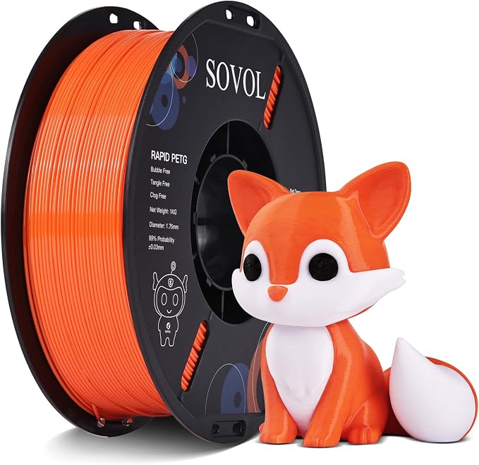 Sovol 3D Printer Rapid PETG Filament 1.75mm 1KG (2.2lbs), High Precision, Strong Toughness, Wiring Tightness, Dimensional Accuracy +/- 0.03 mm, 3D Printing High Speed PETG Filaments, Orange