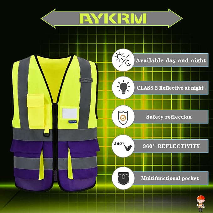 A-SAFETY Hi-Vis Reflective Vest, 7 Pockets, Zipper, Yellow/Purple, 4XL-5XL | Yellow/Purple 4XL-5XL work vest with 7 pockets, clear ID pocket and radio mic loop for laboratory work; unisex workwear.