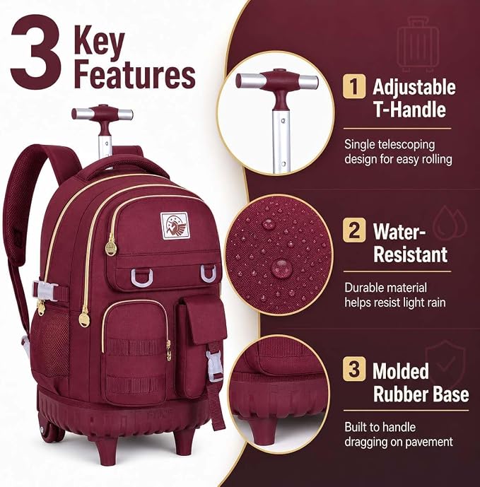 CCJPX Rolling Backpack for Girls, 21 inch Women Roller Wheels School Bookbag, Laptop Wheeled Water Resistant Wheeled Bookbag Set - Red