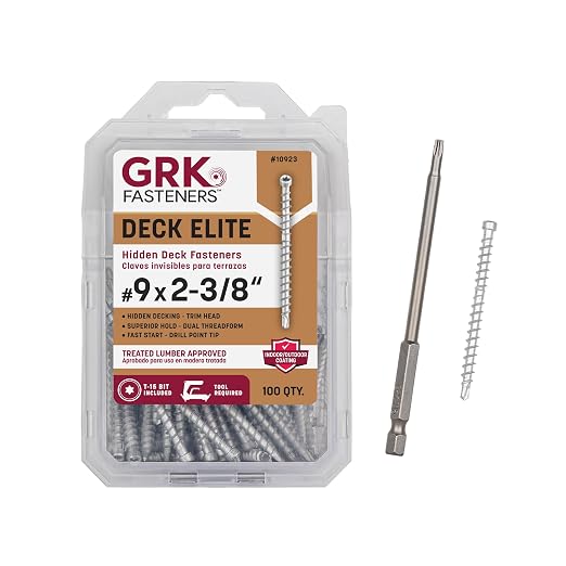 GRK Fasteners Deck Elite #9 x 2-3/8" Hidden Deck Screws, 100 PCS, with Dual Thread Form, Superior Clamping Force, Outdoor Decking Fasteners, Drill Point Tip, Star Drive Recess, T-15 Bit Included