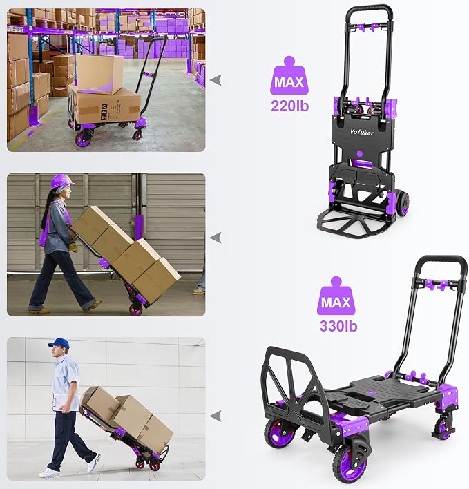 330LB Folding Hand Truck Moving Dolly, Hand Trucks Heavy Duty Combination of 4 Wheels and 2 Wheels Convertible Dolly Cart with Retractable Handle Dolly for Moving Office Carts(Purple)