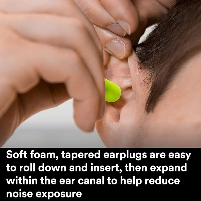 3M Ear Plugs, E-A-Rsoft Yellow Neons 315-1250, 200 Pair of Disposable Earplugs, Pairs Individually Wrapped, Regular Size, Uncorded, 33 NRR, Tapered Cylinder Shape, Slow Recovery Foam (Pack of 10)