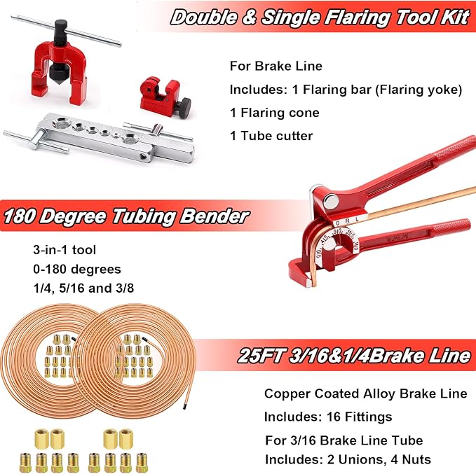 Tnisesm 3/16 Inch+1/4 Inch Brake Line Flaring Tools kit Include Copper-Plated Brake Lines with Upgrade 44Pcs Fitting Brake line Bender Single Flare Tool,Cutter 3/16Inch Brake line kit